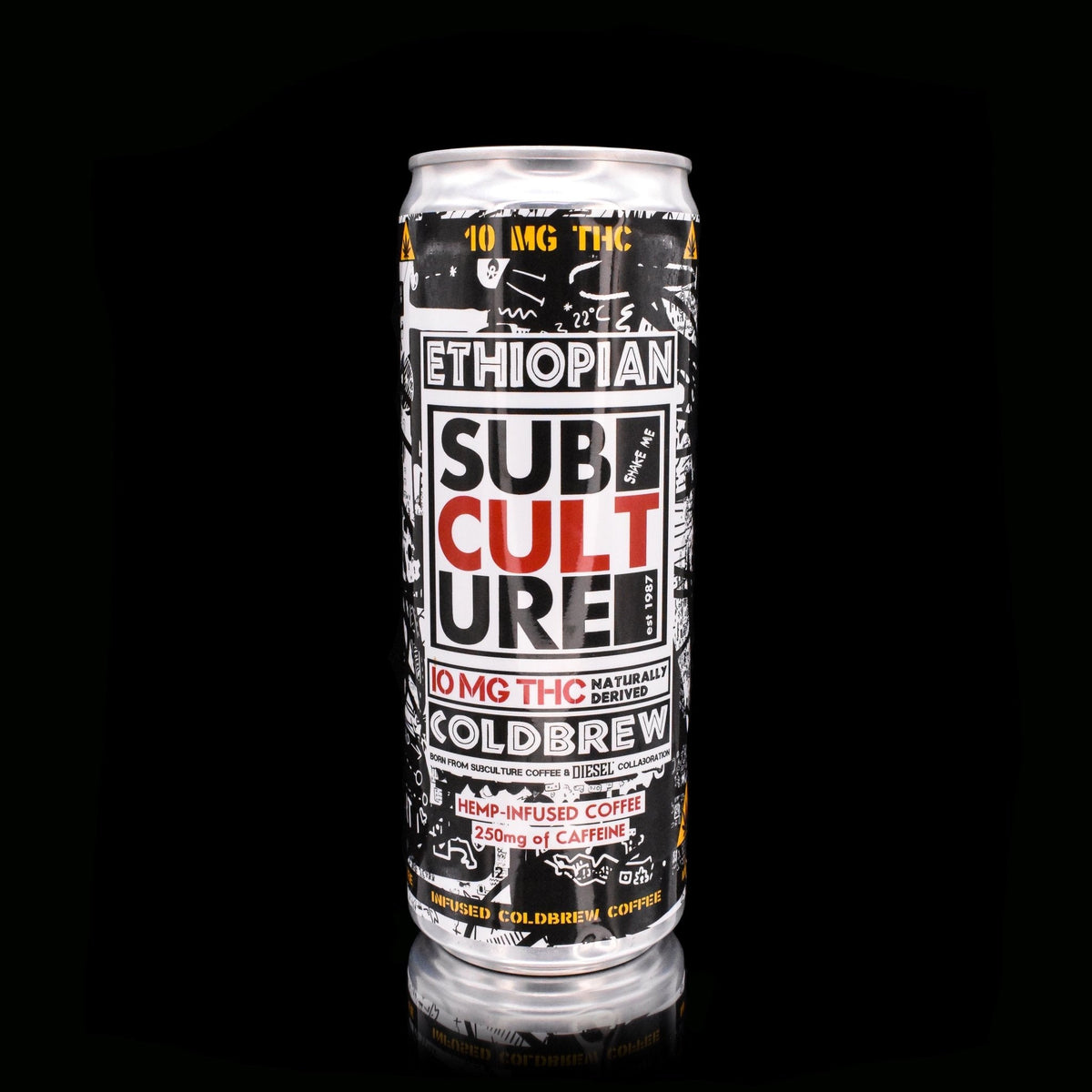 Subculture 10mg THC Ethiopian cold brew coffee can on black — a Delta 9 drink compared against THC seltzer and edibles