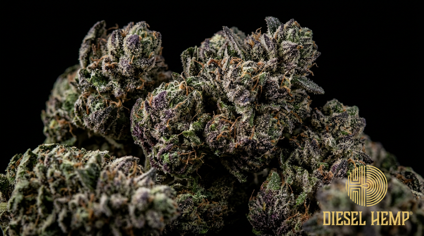 Abacus Diesel strain cannabis flower buds on black background — dark purple and forest green dense colas with heavy white trichome coating | Diesel Hemp