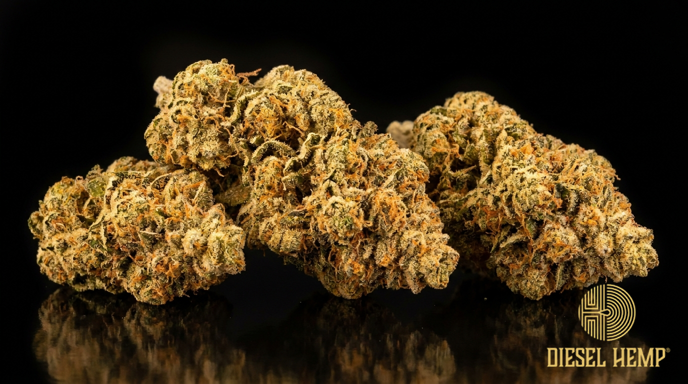 Acapulco Gold cannabis flower buds on black background — golden-amber and green frosty nugs with orange hairs | Diesel Hemp