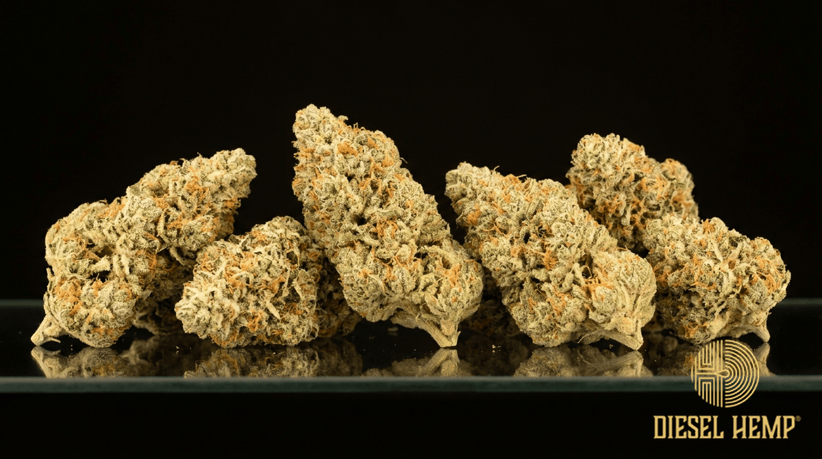 ACDC strain CBD cannabis flower buds on black background — frosty pale-green buds with orange hairs | Diesel Hemp