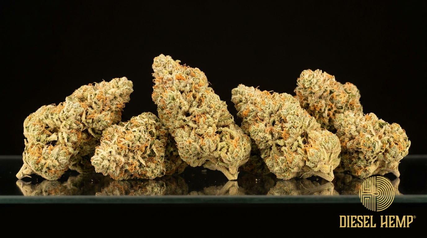 ACDC strain CBD cannabis flower buds on black background — frosty pale-green buds with orange hairs | Diesel Hemp