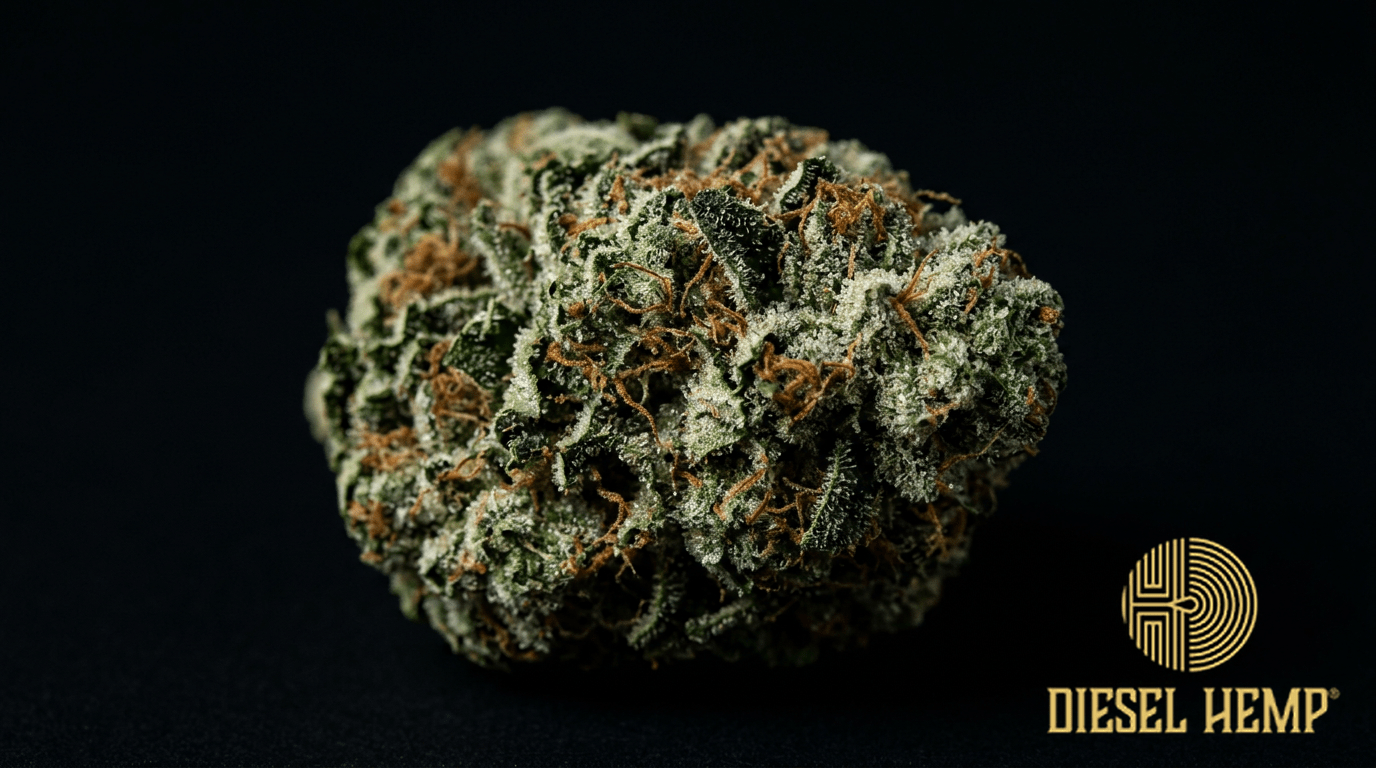 Afghan Kush strain cannabis flower buds on black background — round compact forest green buds with burnt orange pistils and extremely heavy frosty white trichome coating | Diesel Hemp