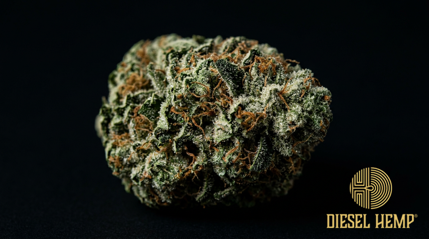 Afghan Kush strain cannabis flower buds on black background — round compact forest green buds with burnt orange pistils and extremely heavy frosty white trichome coating | Diesel Hemp