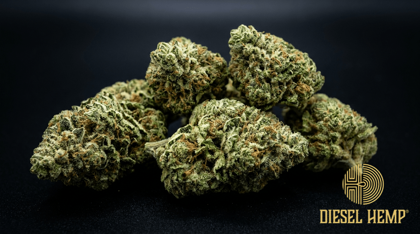 AK-47 strain cannabis flower buds on black background — lime green dense nugs with rust-colored pistils and heavy white trichome coating | Diesel Hemp