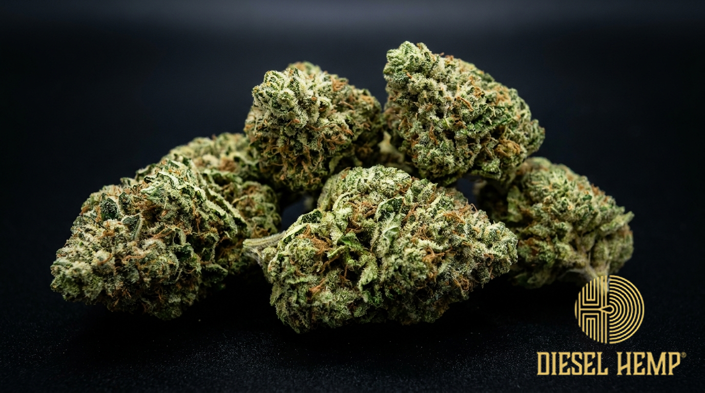 AK-47 strain cannabis flower buds on black background — lime green dense nugs with rust-colored pistils and heavy white trichome coating | Diesel Hemp
