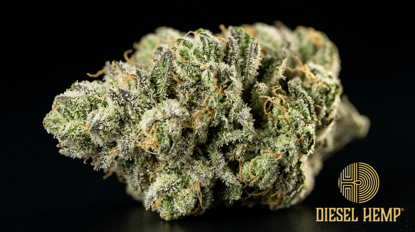 Alaskan Thunder Fuck strain cannabis flower buds on black background — spade-shaped light green buds with extraordinary white crystalline trichome frosting resembling fresh snow | Diesel Hemp