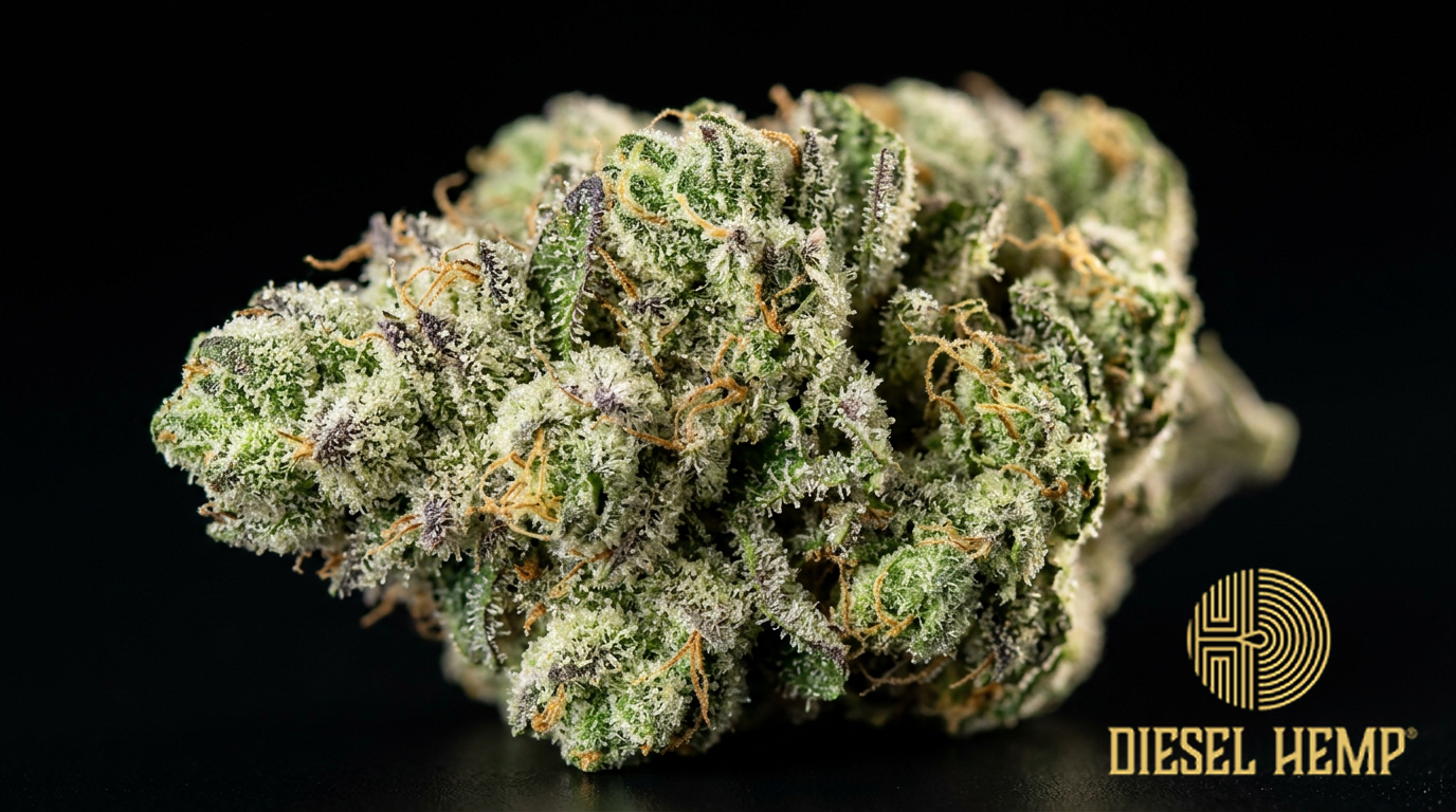 Alaskan Thunder Fuck strain cannabis flower buds on black background — spade-shaped light green buds with extraordinary white crystalline trichome frosting resembling fresh snow | Diesel Hemp