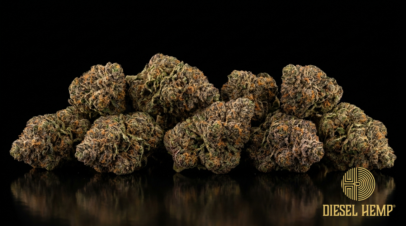 Animal Cookies strain cannabis flower buds on black background — dense, frosty, purple-tipped indica-dominant nugs | Diesel Hemp