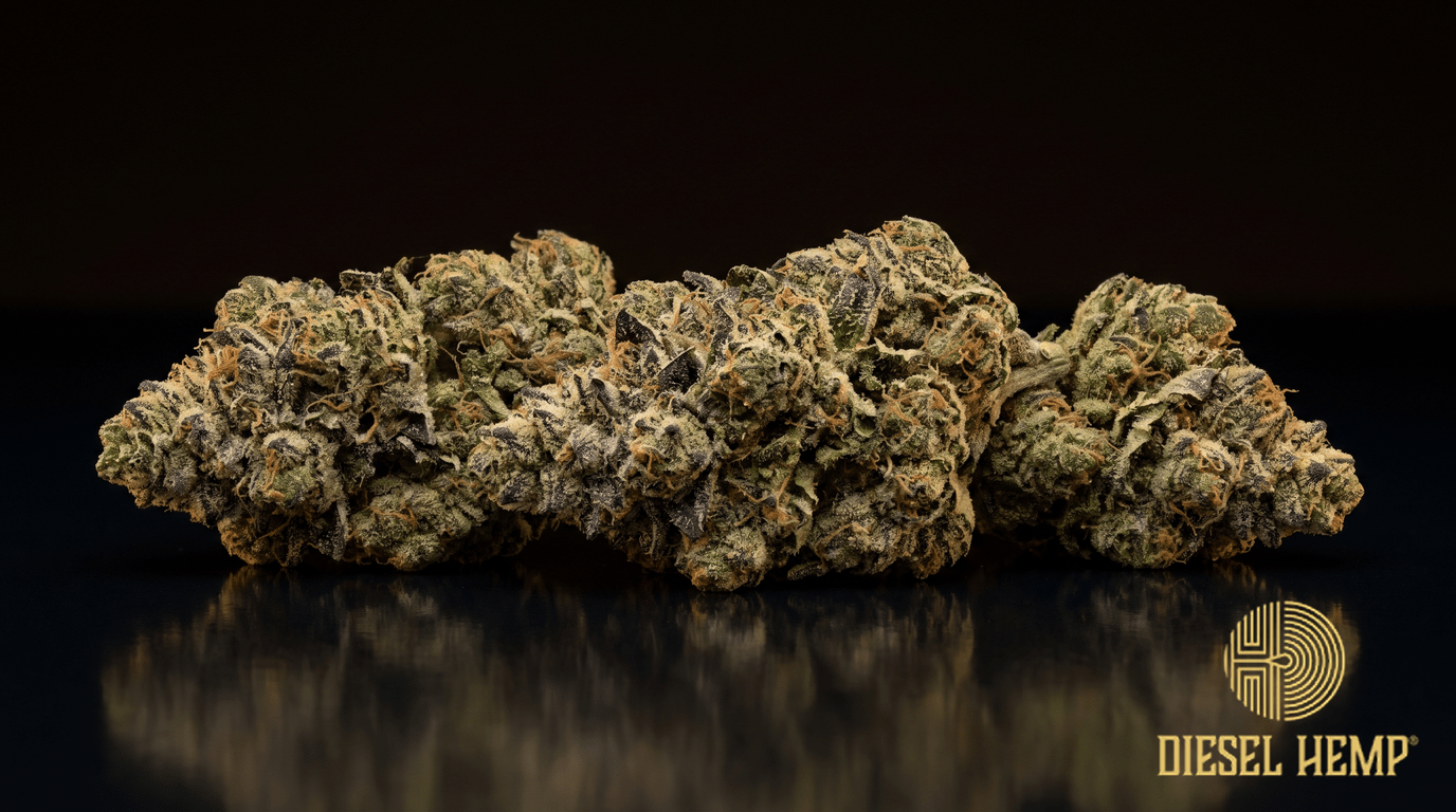 Animal Face strain cannabis flower buds with olive-green color, copper pistils and heavy trichome frost on a black background | Diesel Hemp