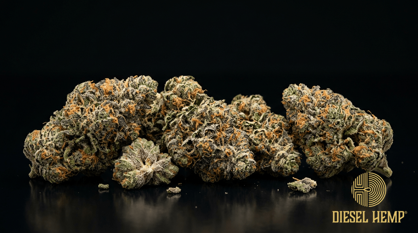 Animal Mints cannabis flower buds on black background — Diesel Hemp