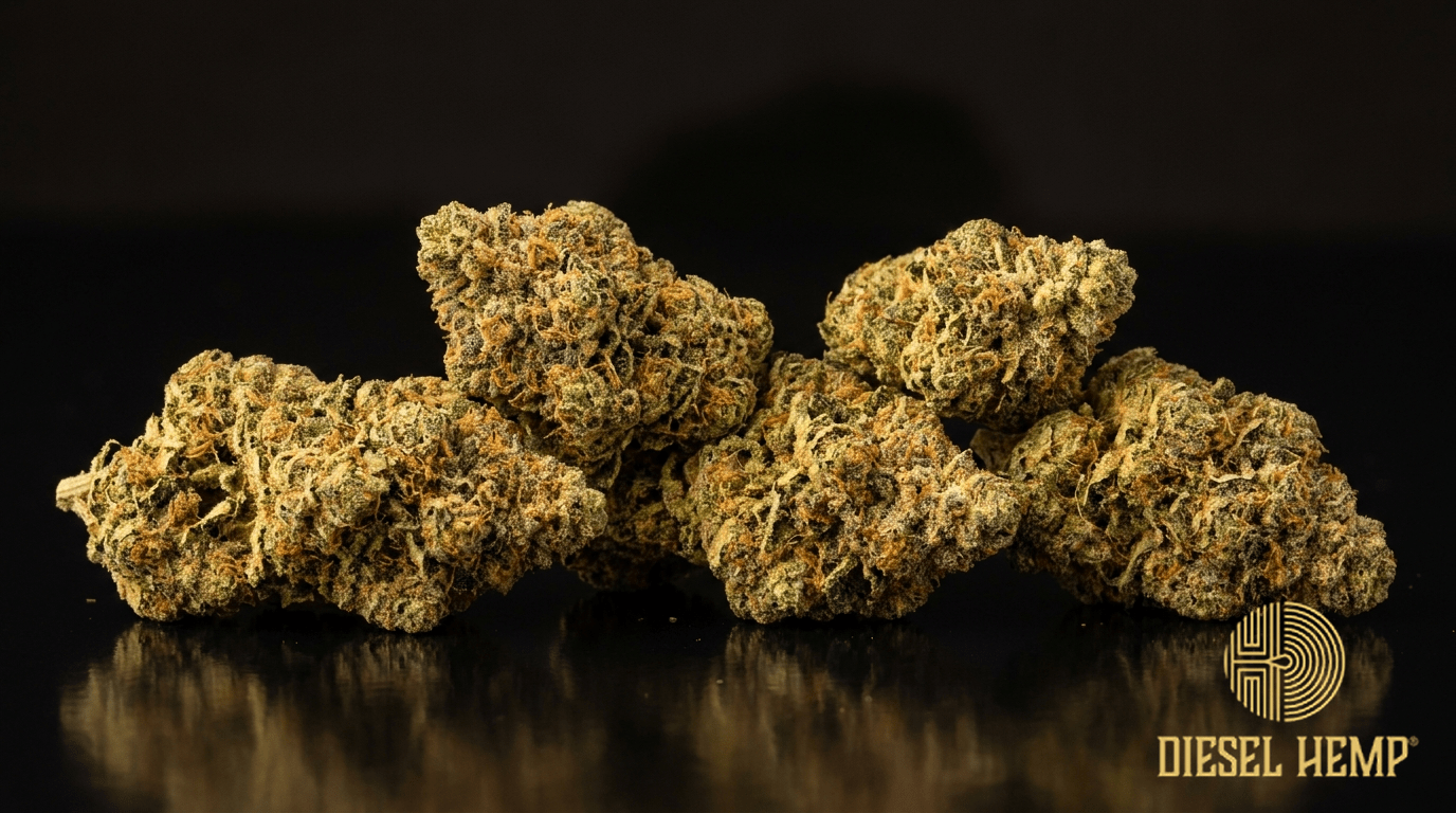 Apple Fritter cannabis flower buds on black background — Diesel Hemp