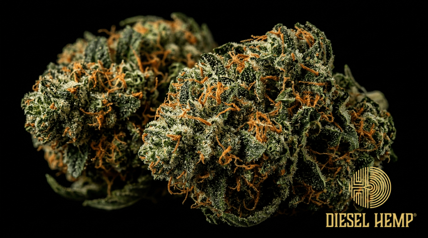 Apple Fritters strain cannabis flower buds on black background — dense green and orange buds with fiery orange pistils and glistening crystalline trichome coating | Diesel Hemp