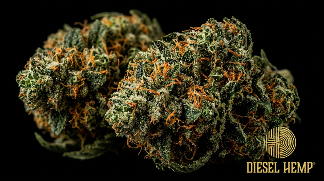 Apple Fritters strain cannabis flower buds on black background — dense green and orange buds with fiery orange pistils and glistening crystalline trichome coating | Diesel Hemp