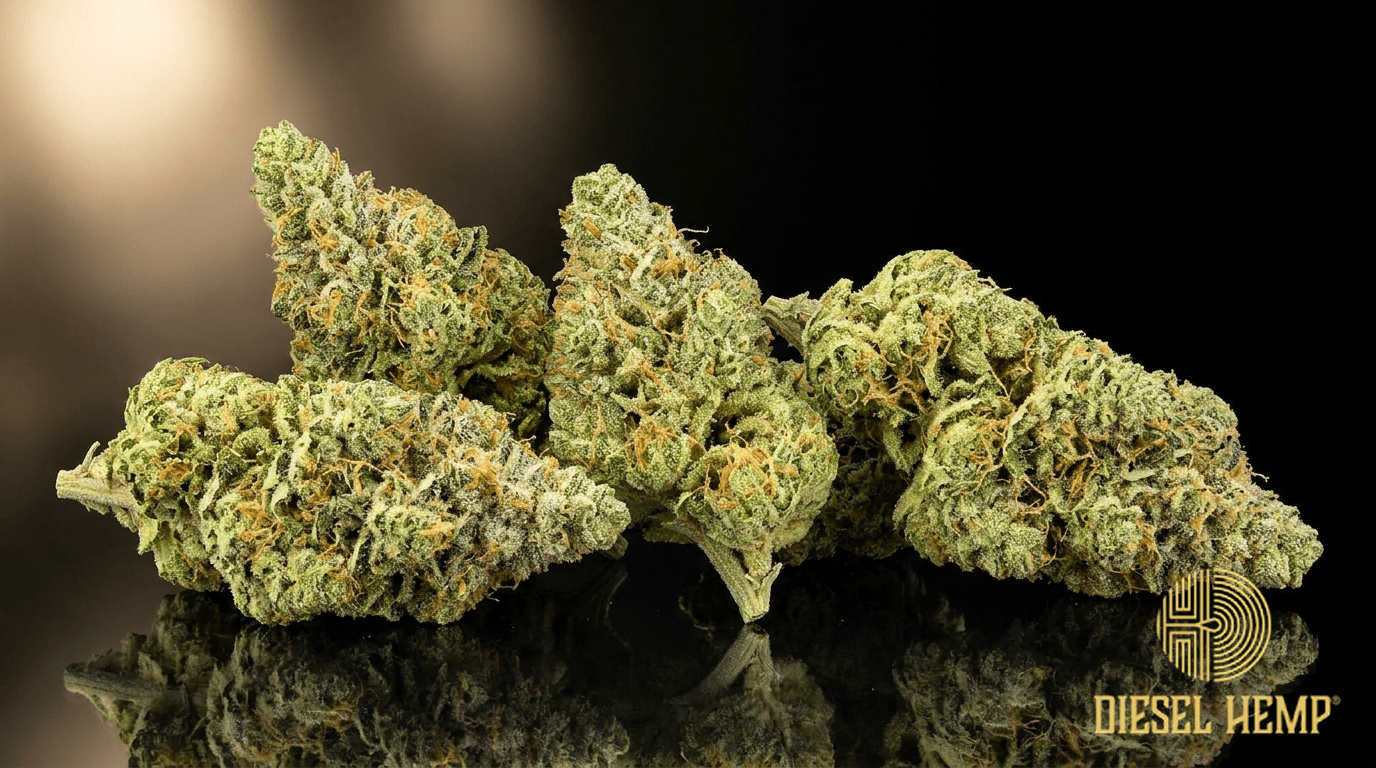 Alaskan Thunder Fuck cannabis flower buds on black background — Diesel Hemp