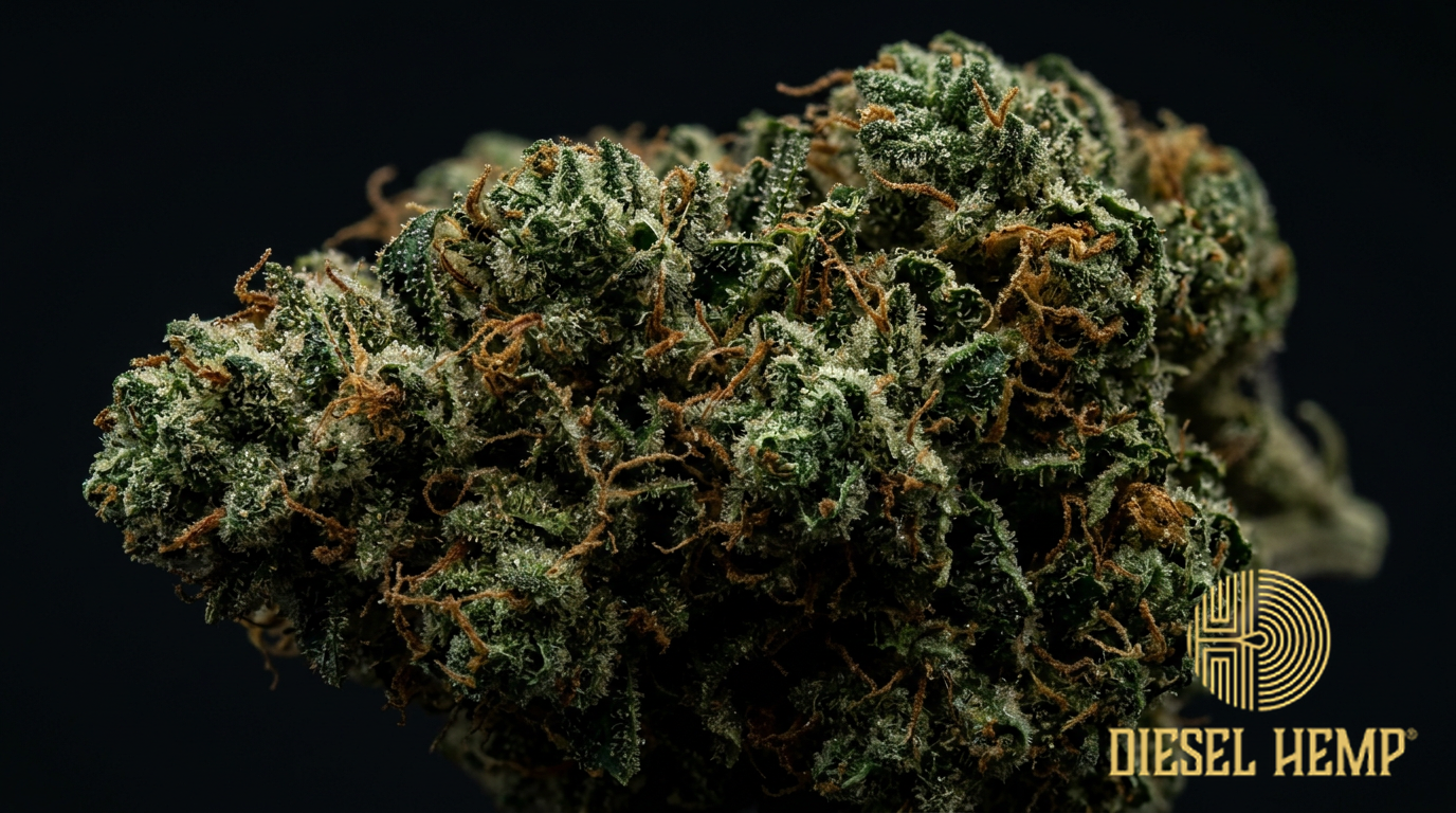 Bio Diesel strain cannabis flower buds on black background — dark forest green dense buds with amber rust-orange pistils and heavy resinous trichome coating | Diesel Hemp
