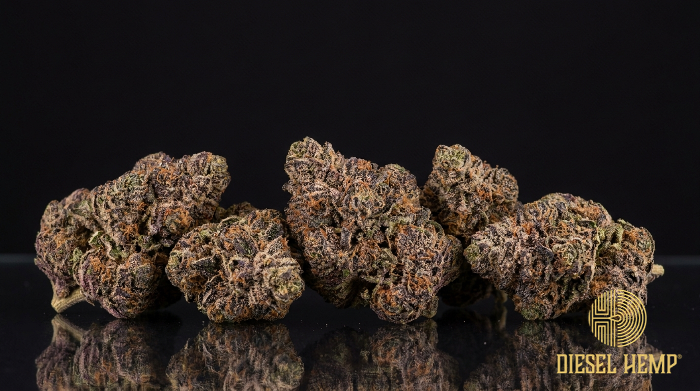 Biscotti strain cannabis flower buds on black background — dense dark-purple and green, frosted with trichomes | Diesel Hemp