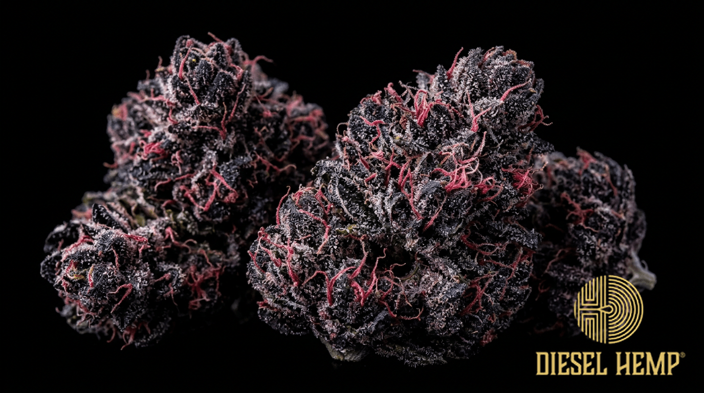 Black Raspberry strain cannabis flower buds on black background — deep purple almost black buds with raspberry-red pistils and dark jewel-toned coloring | Diesel Hemp