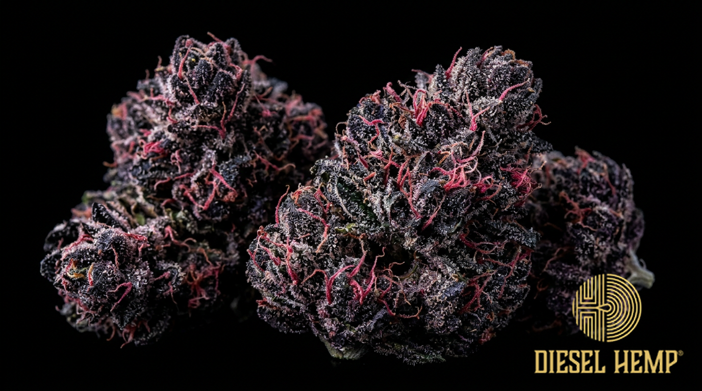 Black Raspberry strain cannabis flower buds on black background — deep purple almost black buds with raspberry-red pistils and dark jewel-toned coloring | Diesel Hemp