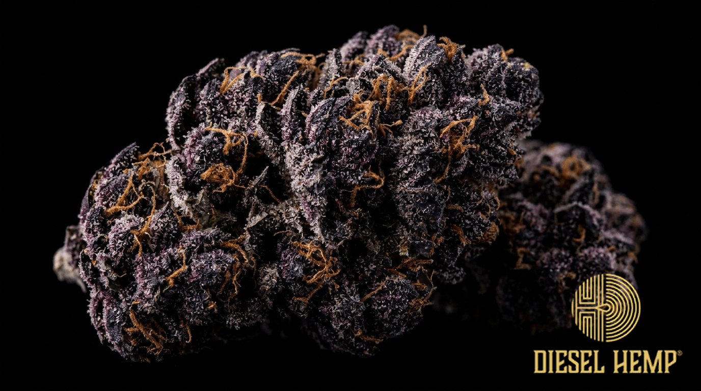 Blackberry Kush strain cannabis flower buds on black background — very dark purple and deep indigo dense compact buds with amber pistils and rich berry-colored appearance | Diesel Hemp