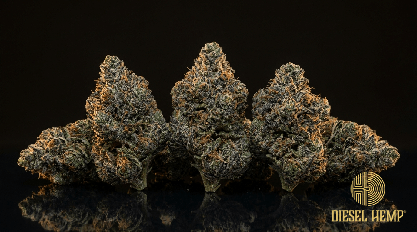 Blackberry Kush cannabis flower buds on black background — Diesel Hemp