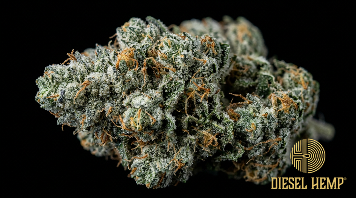 Blue Cheese strain cannabis flower buds on black background — chunky sage green buds with blue-grey trichome haze and orange pistils | Diesel Hemp