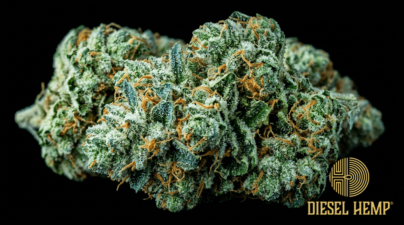 Blue City Diesel strain cannabis flower buds on black background — bright green buds with subtle blue tint, vibrant orange pistils and heavy silver-white trichome frosting | Diesel Hemp