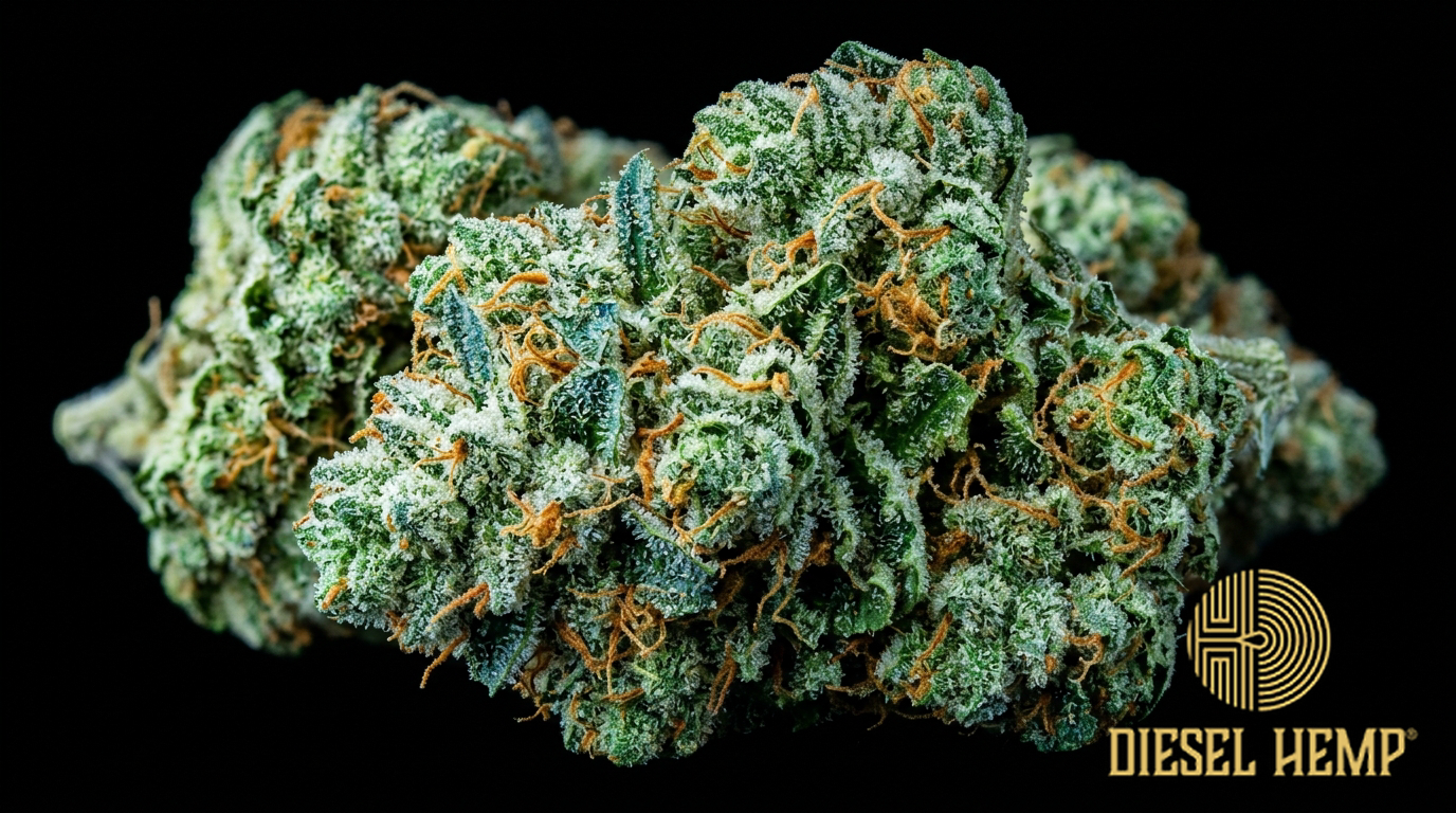 Blue City Diesel strain cannabis flower buds on black background — bright green buds with subtle blue tint, vibrant orange pistils and heavy silver-white trichome frosting | Diesel Hemp