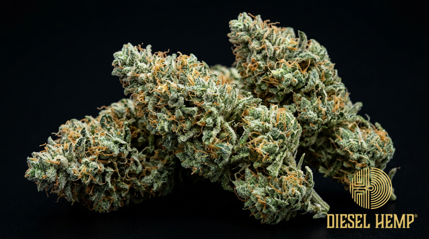 Blue Dream strain cannabis flower buds on black background — bright sage-green sativa buds with orange pistils and heavy white trichome coating | Diesel Hemp