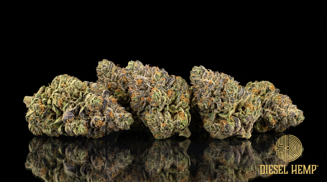 Blue Zushi strain cannabis buds in forest green with blue-violet hues, orange pistils and heavy trichome frost on a black background | Diesel Hemp