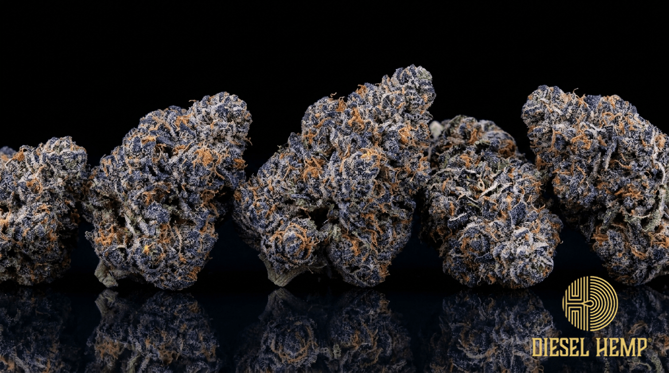 Blueberry strain cannabis flower buds on black background — deep blue-purple frosty nugs | Diesel Hemp