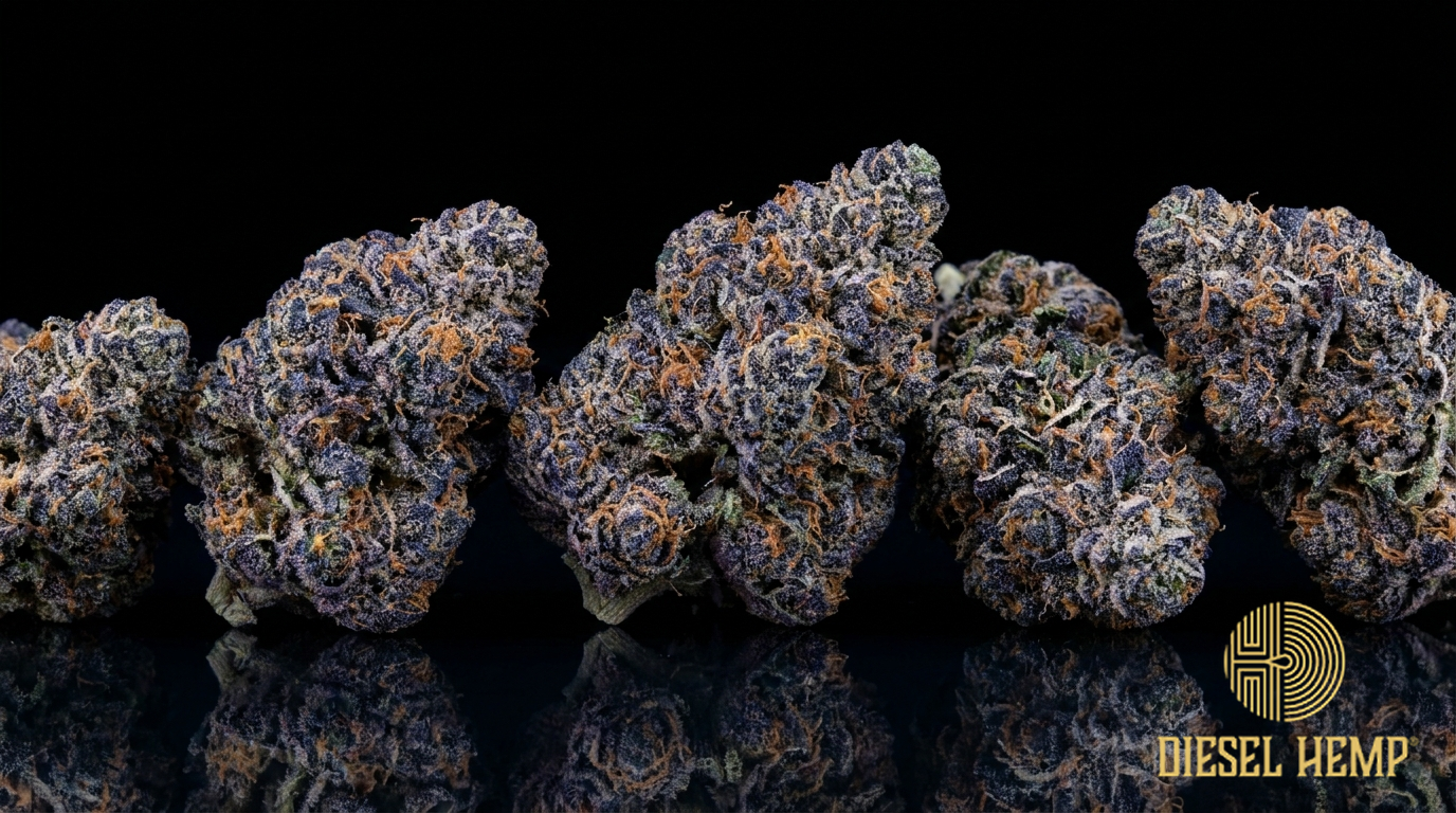 Blueberry strain cannabis flower buds on black background — deep blue-purple frosty nugs | Diesel Hemp