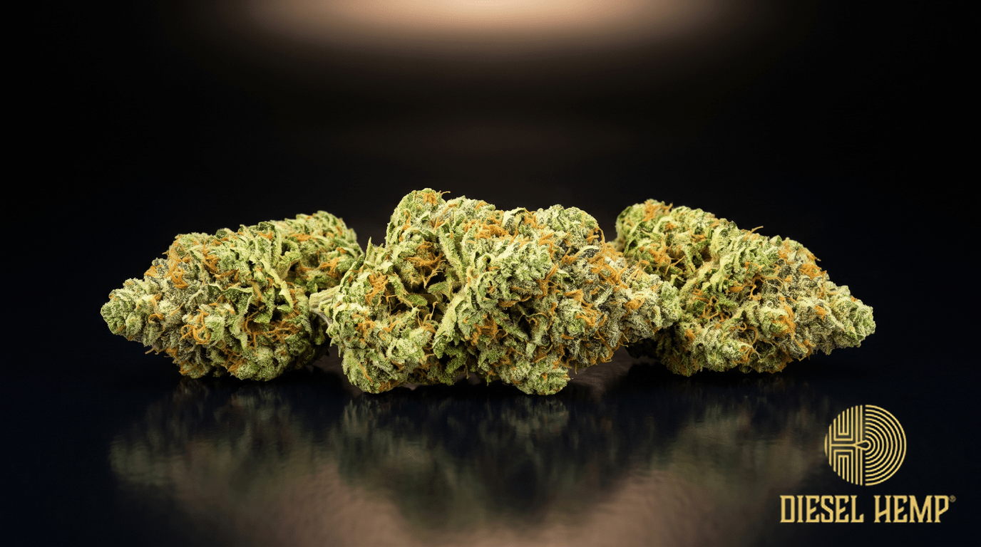 Bruce Banner strain cannabis buds in bright lime green with fiery orange pistils and heavy trichome frost on a black background | Diesel Hemp