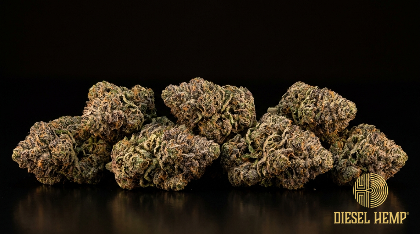 Bubba Kush strain cannabis flower buds on black background — dense dark green nugs with purple hints and frosty trichomes | Diesel Hemp
