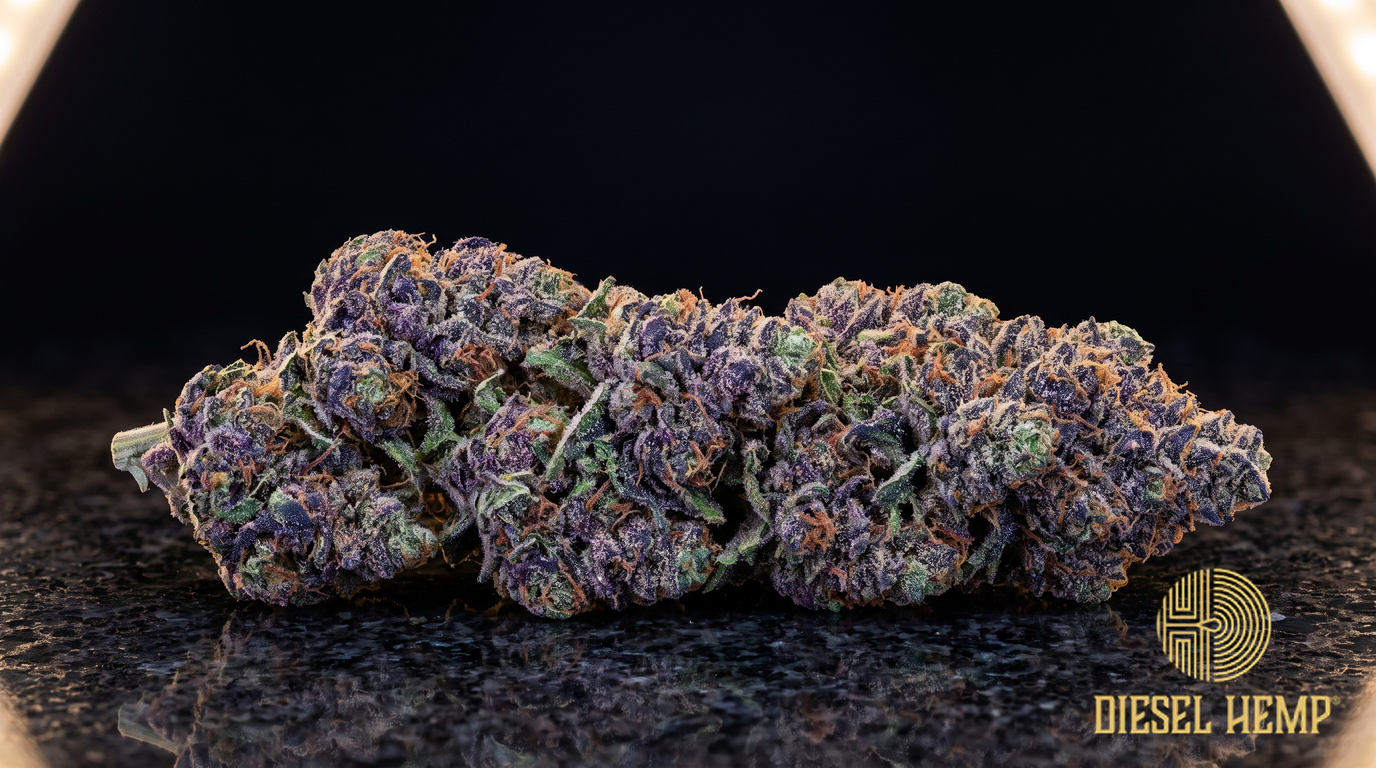 Cadillac Rainbow strain cannabis buds in deep purple, near-black violet and lime green with orange pistils and heavy frost on a black background | Diesel Hemp