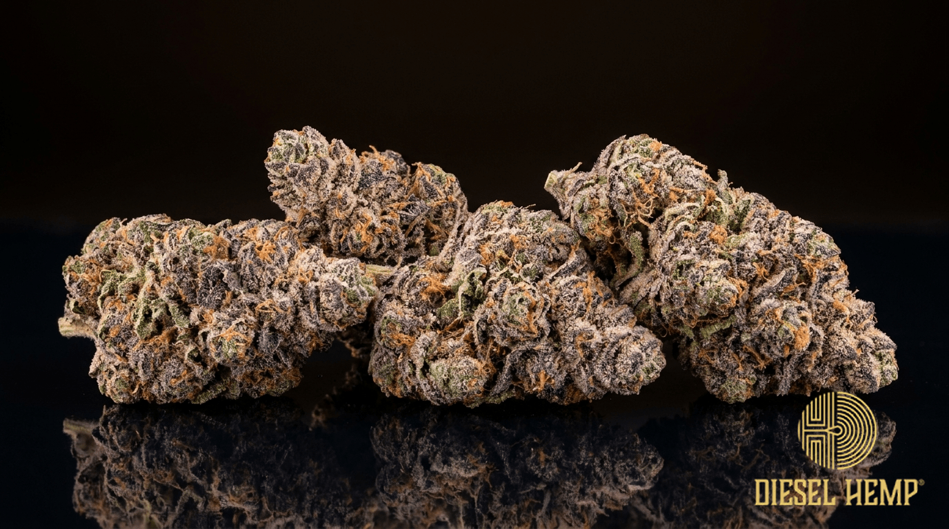 Candy Gas strain cannabis flower buds on black background — frosty purple and green candy-looking nugs | Diesel Hemp