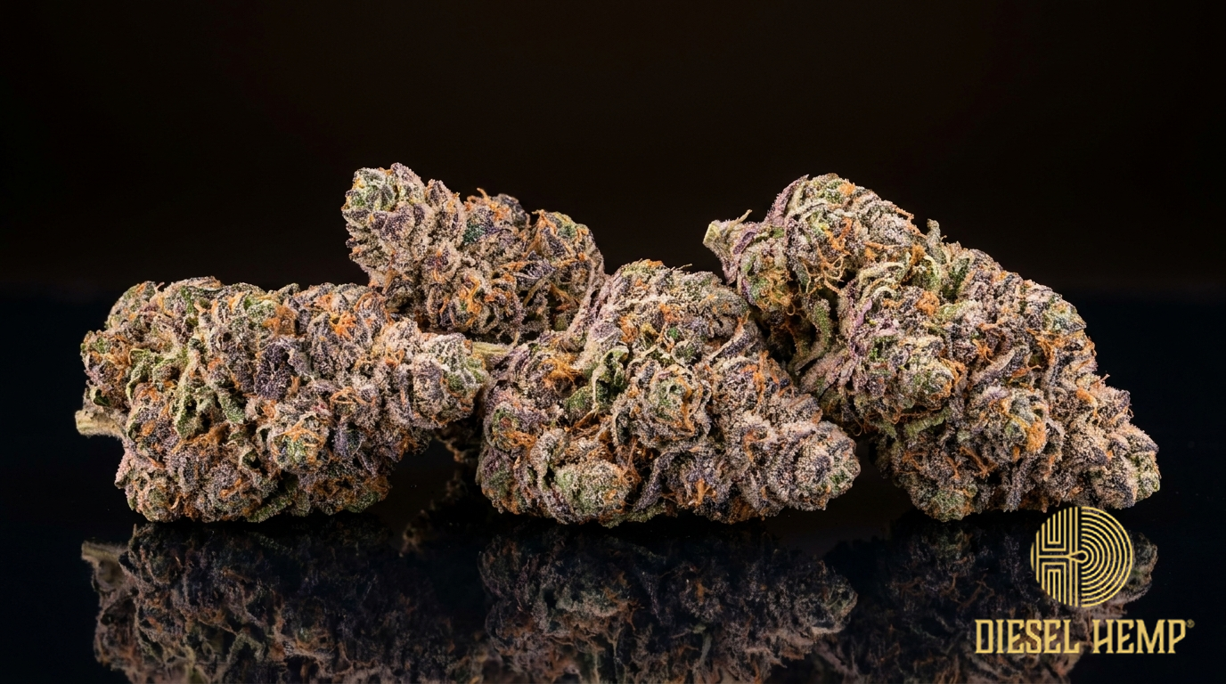 Candy Gas strain cannabis flower buds on black background — frosty purple and green candy-looking nugs | Diesel Hemp