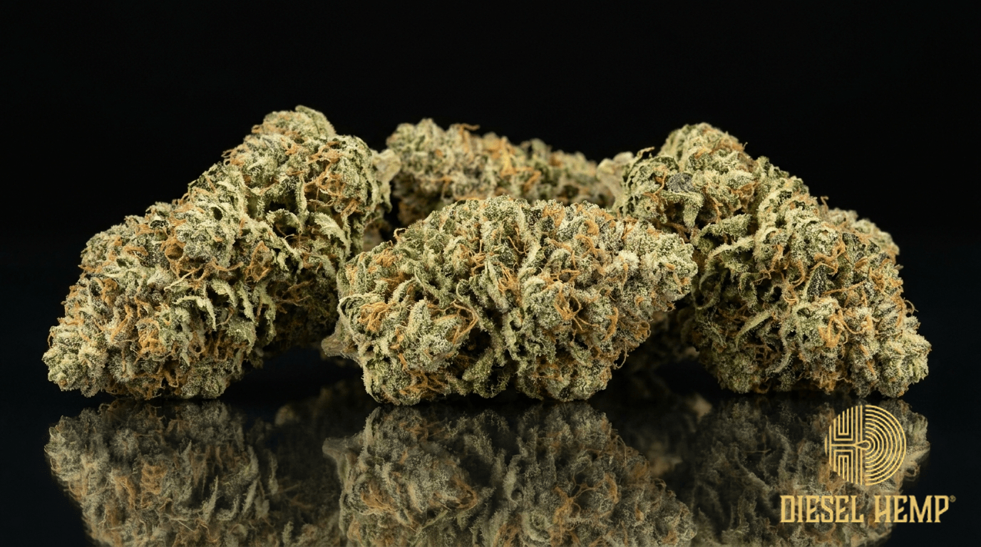Cannatonic strain CBD cannabis flower buds — frosty green with amber hairs on a black background | Diesel Hemp