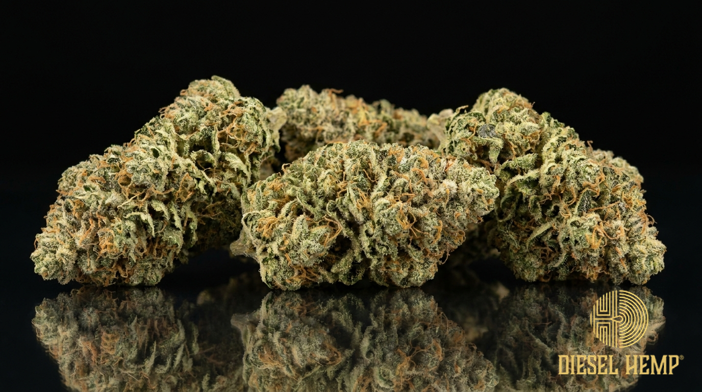 Cannatonic strain CBD cannabis flower buds — frosty green with amber hairs on a black background | Diesel Hemp