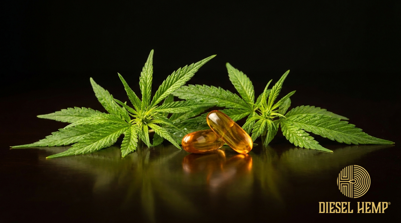 Raw green hemp leaves and amber soft gels on a black background — CBDA, the raw precursor to CBD | Diesel Hemp