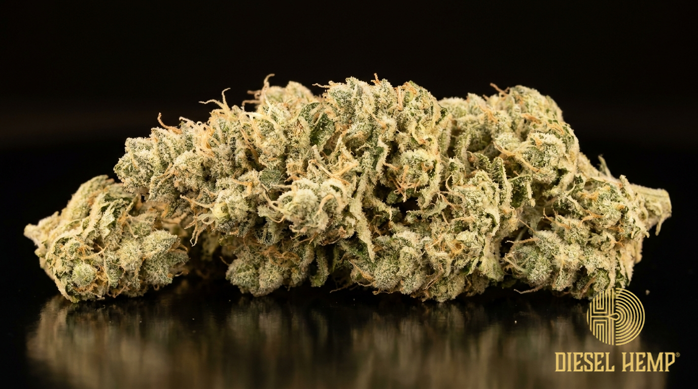 Frosty CBG-rich hemp flower buds on a black background | Diesel Hemp