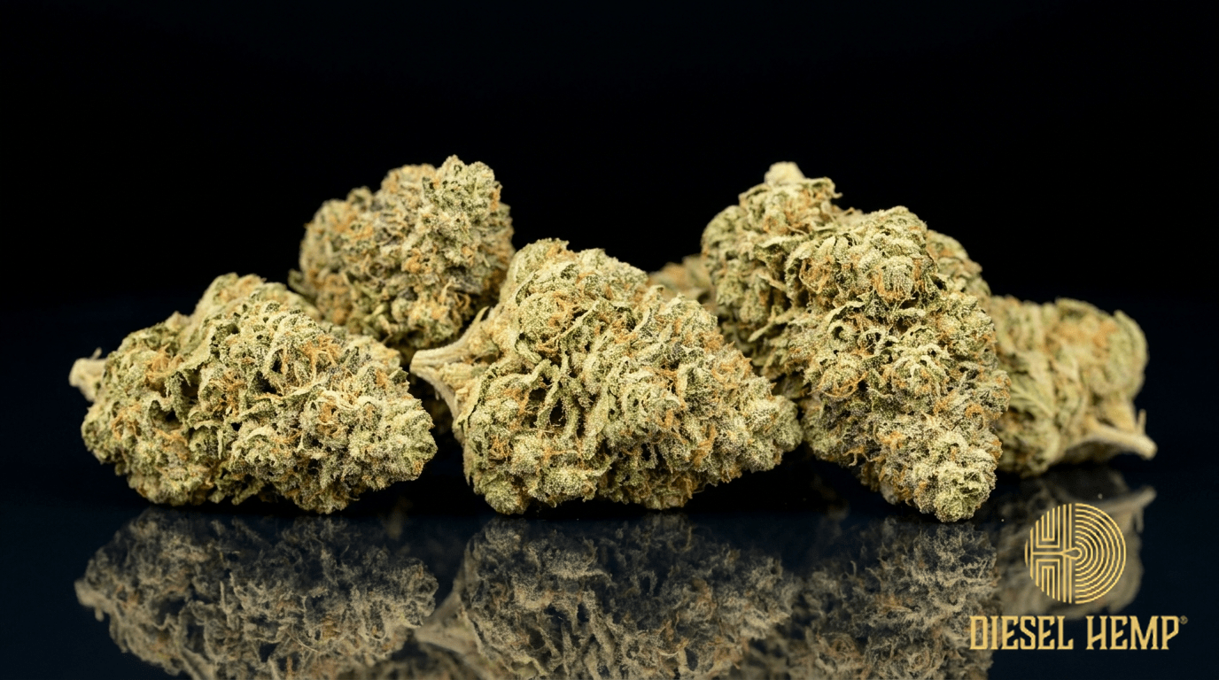Charlotte's Web strain cannabis flower buds on black background — light pine-green hemp buds with orange hairs | Diesel Hemp