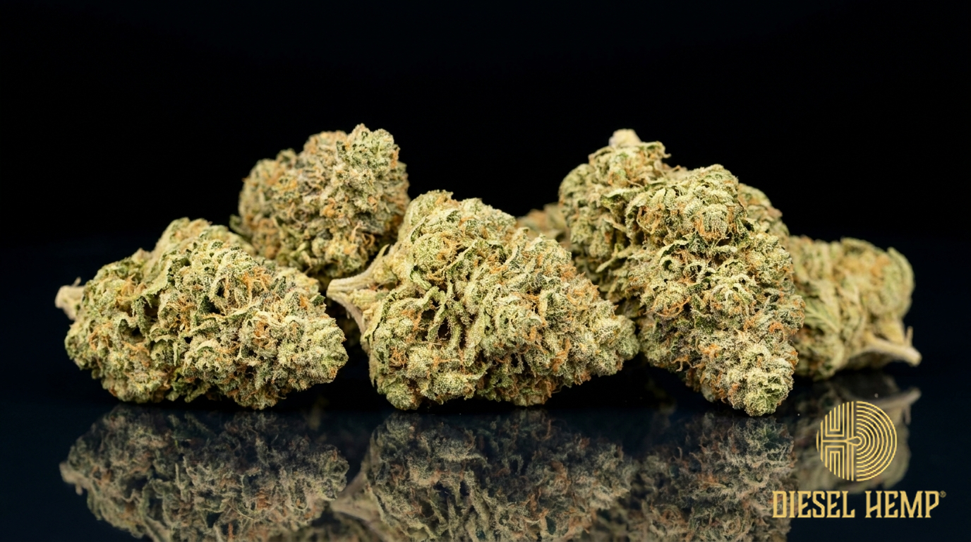 Charlotte's Web strain cannabis flower buds on black background — light pine-green hemp buds with orange hairs | Diesel Hemp