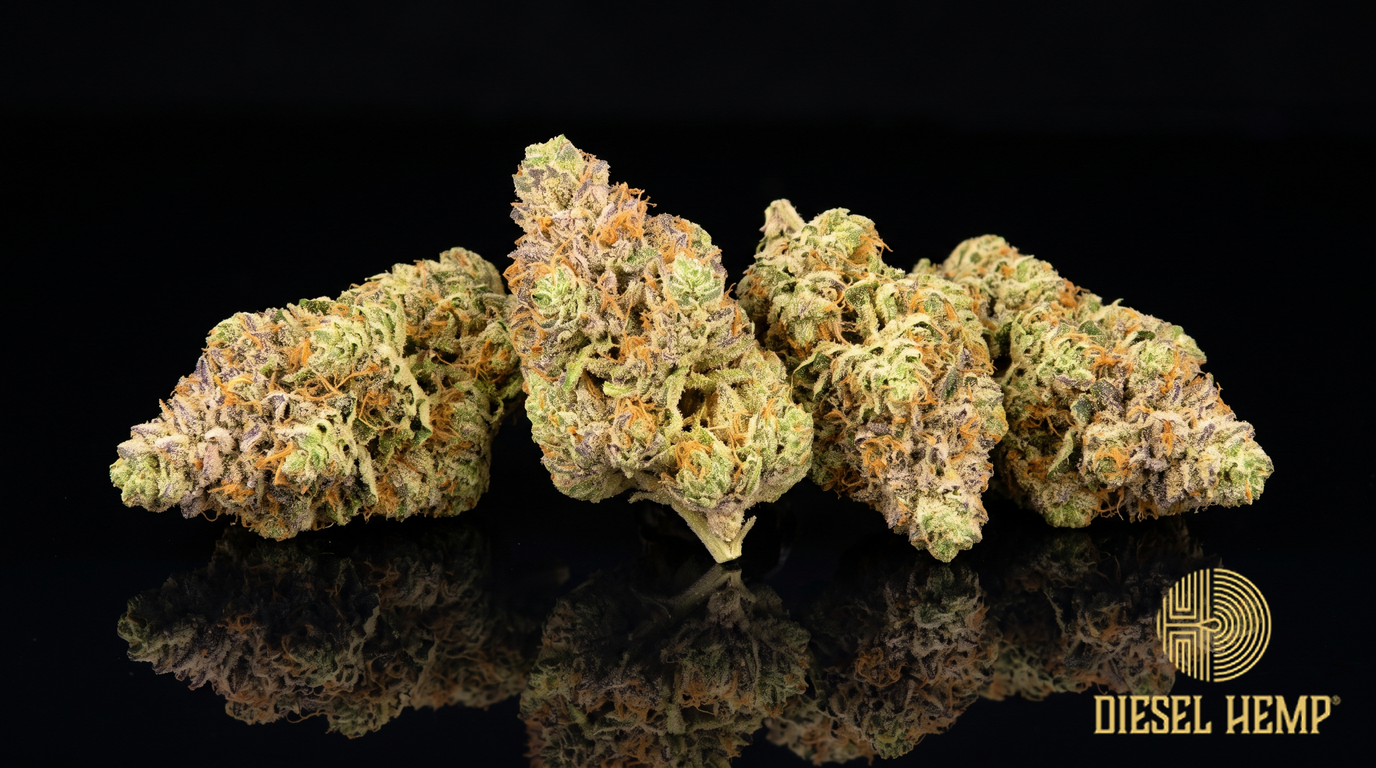 Cheetah Piss strain cannabis flower buds in bright lime green with orange pistils and trichome frost on a black background | Diesel Hemp