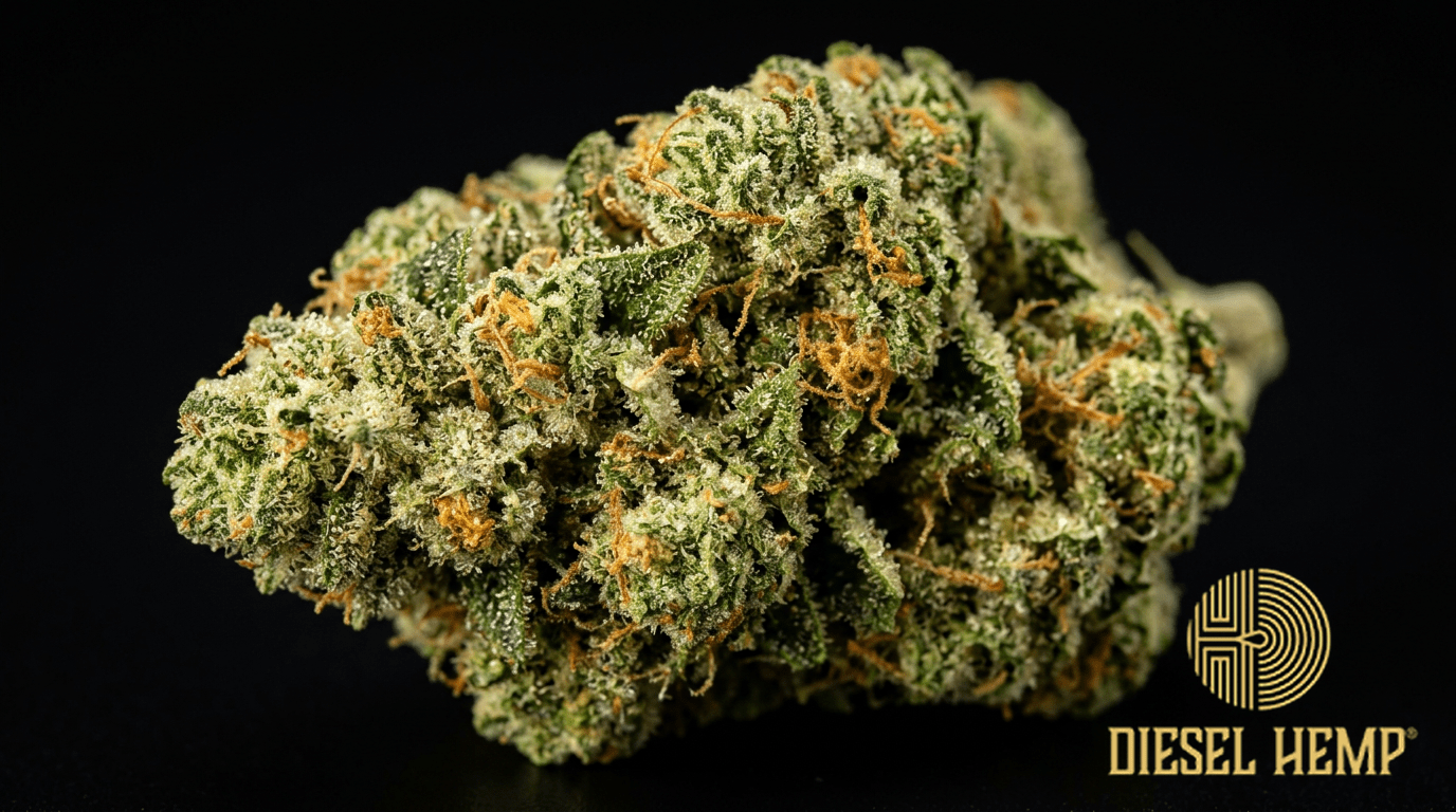 Chem D strain cannabis flower buds on black background — chunky lime green buds with bright orange pistils and extremely heavy white frosty trichome coating | Diesel Hemp
