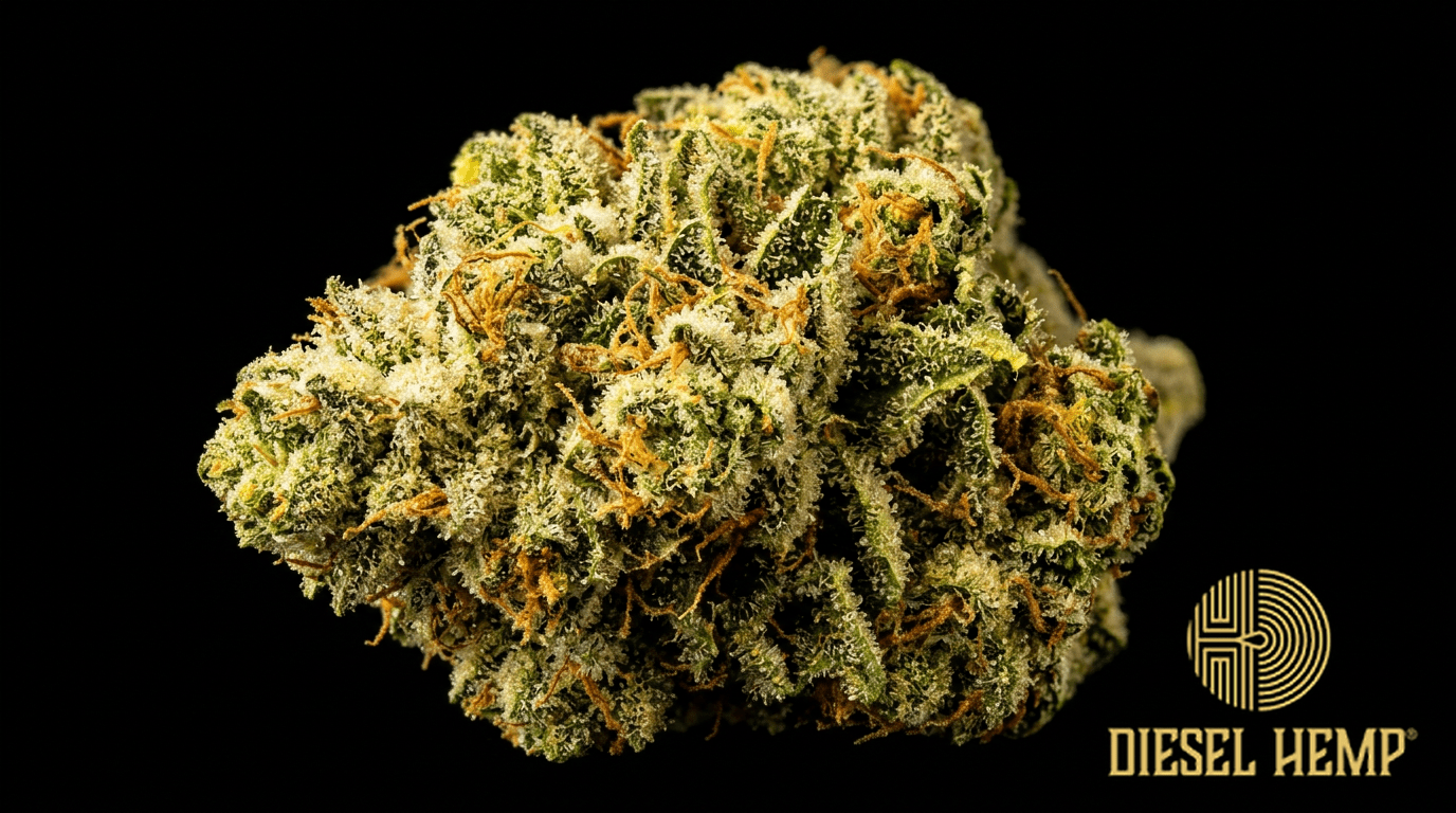 Chemdawg strain cannabis flower buds on black background — bright yellow-green dense buds with amber pistils and extraordinarily frosty white trichome coverage | Diesel Hemp