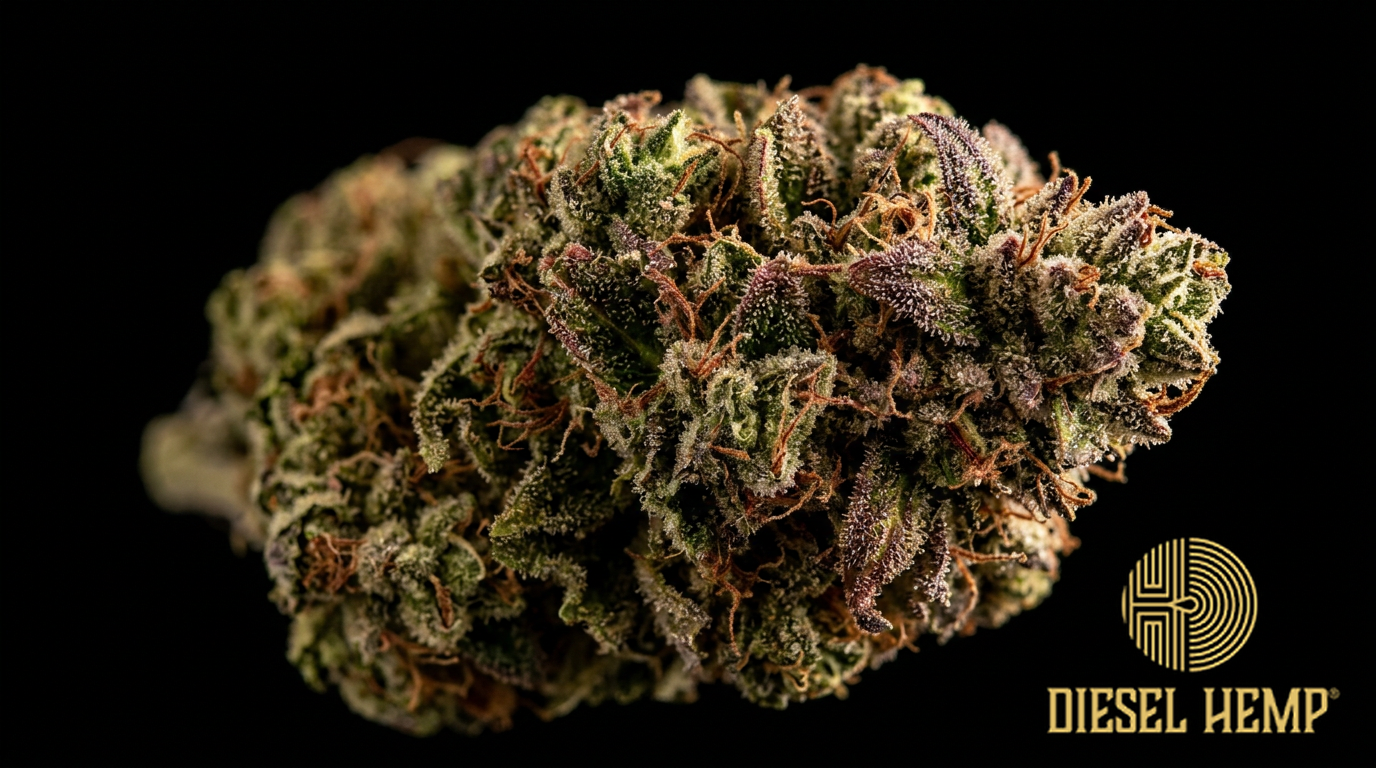 Cherry Abacus CBD Flower strain cannabis buds on black background — olive green hemp buds with cherry-red and purple accents and reddish-orange pistils | Diesel Hemp