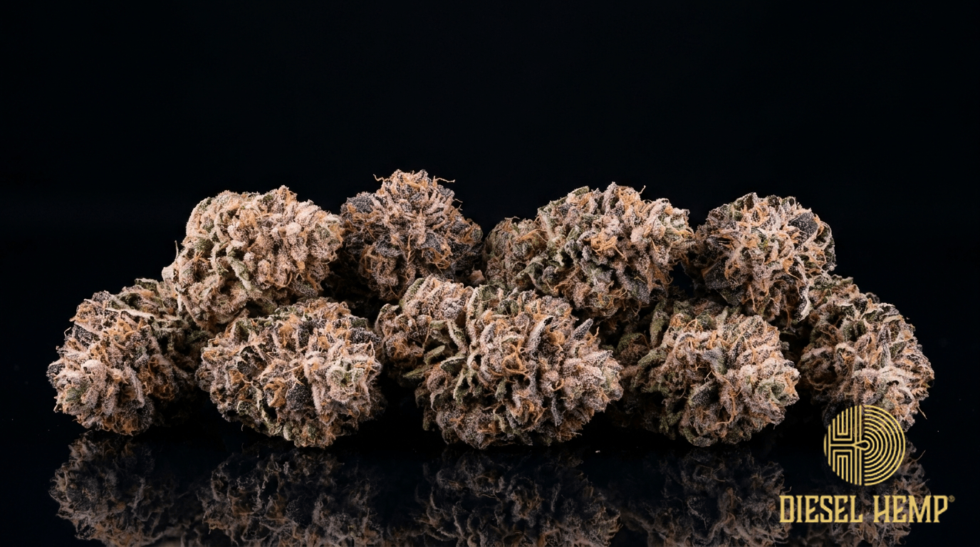 Cherry Blossom CBD hemp flower buds with cherry-pink and frosty trichomes on a black background | Diesel Hemp