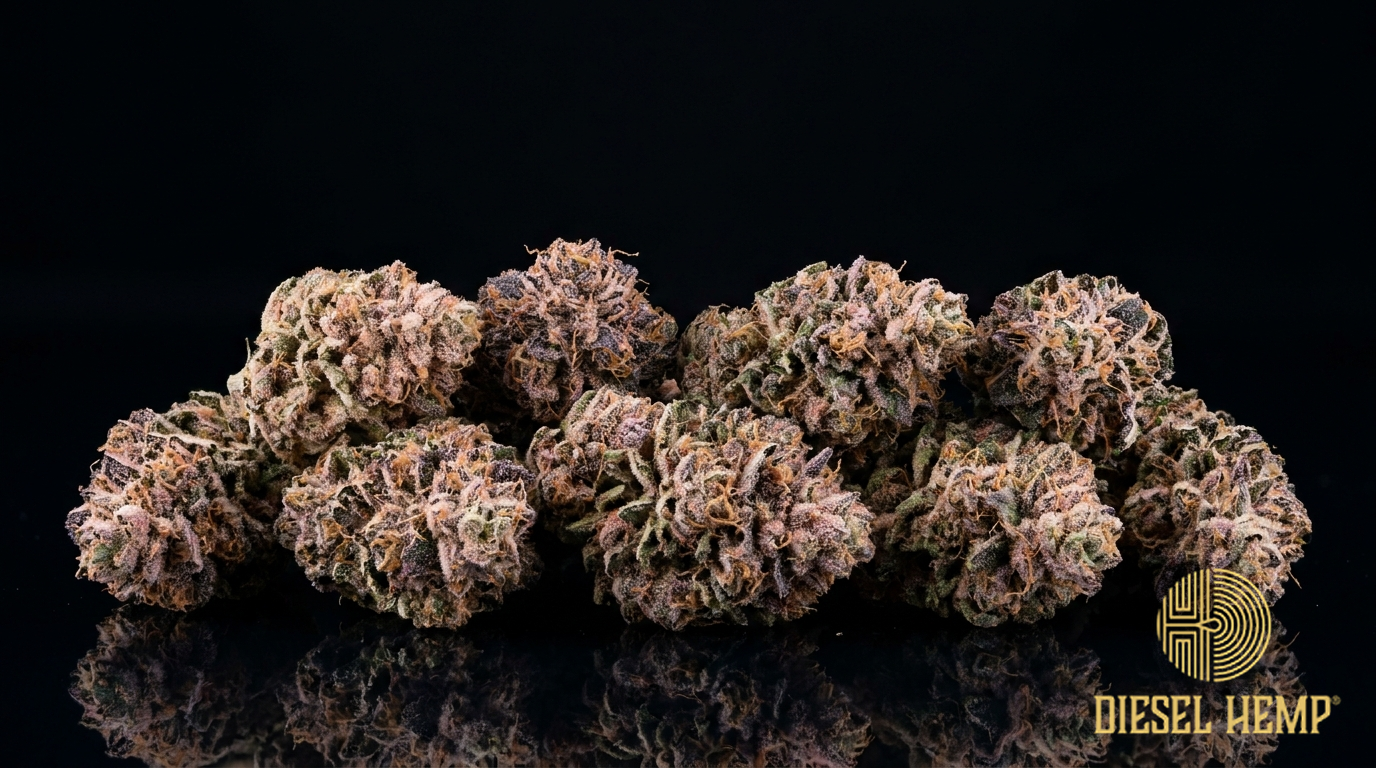 Cherry Blossom CBD hemp flower buds with cherry-pink and frosty trichomes on a black background | Diesel Hemp