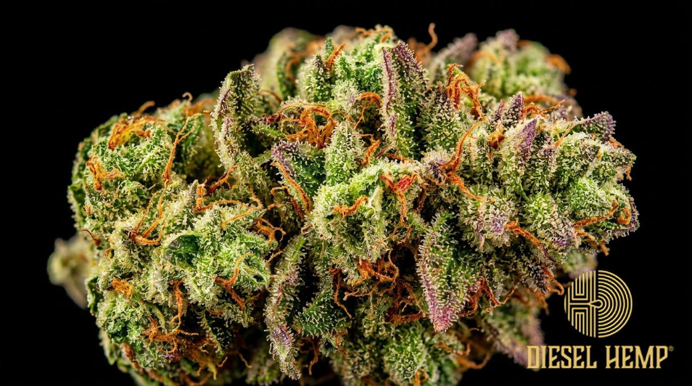 Cherry Diesel strain cannabis flower buds on black background — bright green buds with red and cherry-orange pistils and heavy white trichome coating | Diesel Hemp