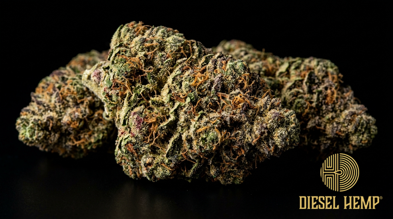 Cherry Kush strain cannabis flower buds on black background — forest green buds with deep cherry-red and purple hues, amber pistils and thick trichome frosting | Diesel Hemp